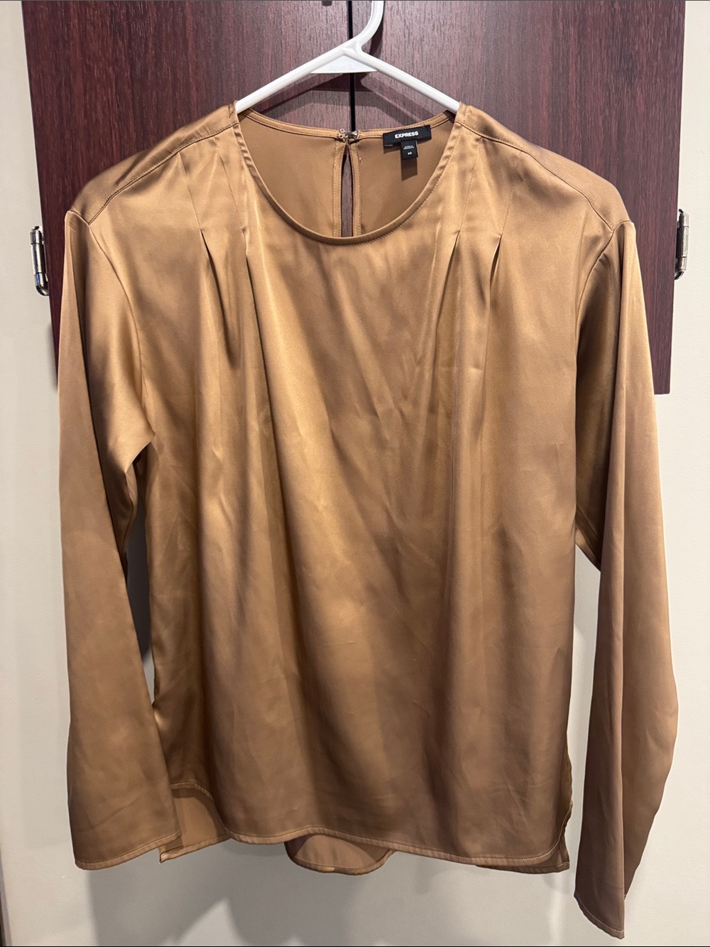 Express Satin Long-Sleeve Blouse in Camel Brown